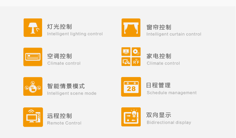 KOTI客廳娛樂智能控制系統可實現：燈光控制、窗簾控制、空調控制、家電控制、智能情景模式、日程管理、遠程控制及雙向顯示等功能。